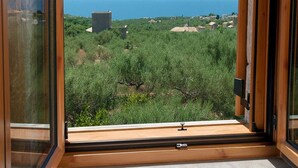 Uitzicht door een grote glazen deur met houten frame, op een balkon met een helder uitzicht over zee en groen.