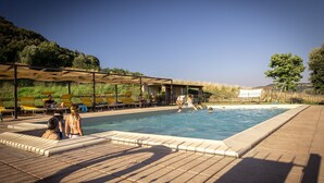 Una piscina con tumbonas y una zona cubierta.