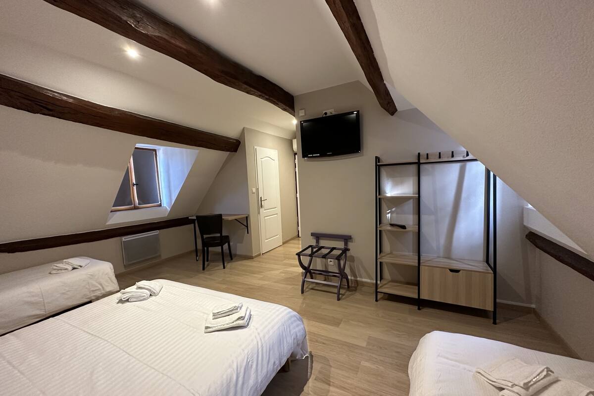 A bedroom with two beds, a desk, a chair, a TV, and a window.