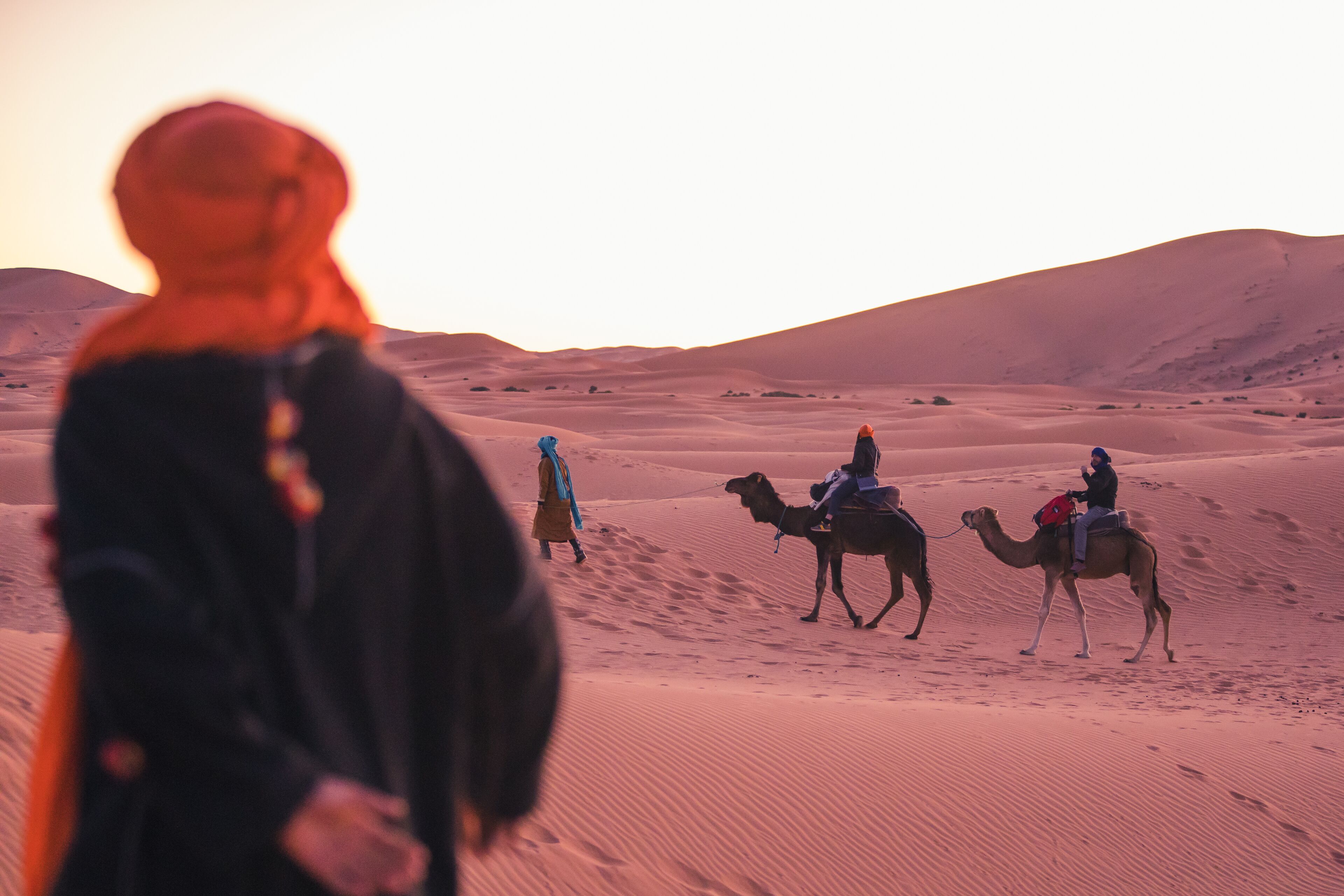Un paysage désertique avec des dunes de sable et des chameaux.