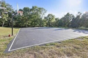 Ein Basketballplatz im Freien mit Korb, umgeben von Gras und Bäumen.