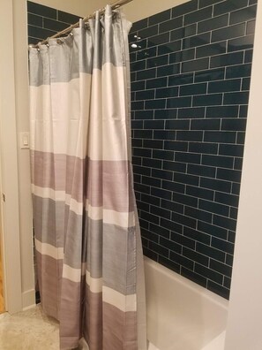 Combined shower/tub, hair dryer, towels, soap