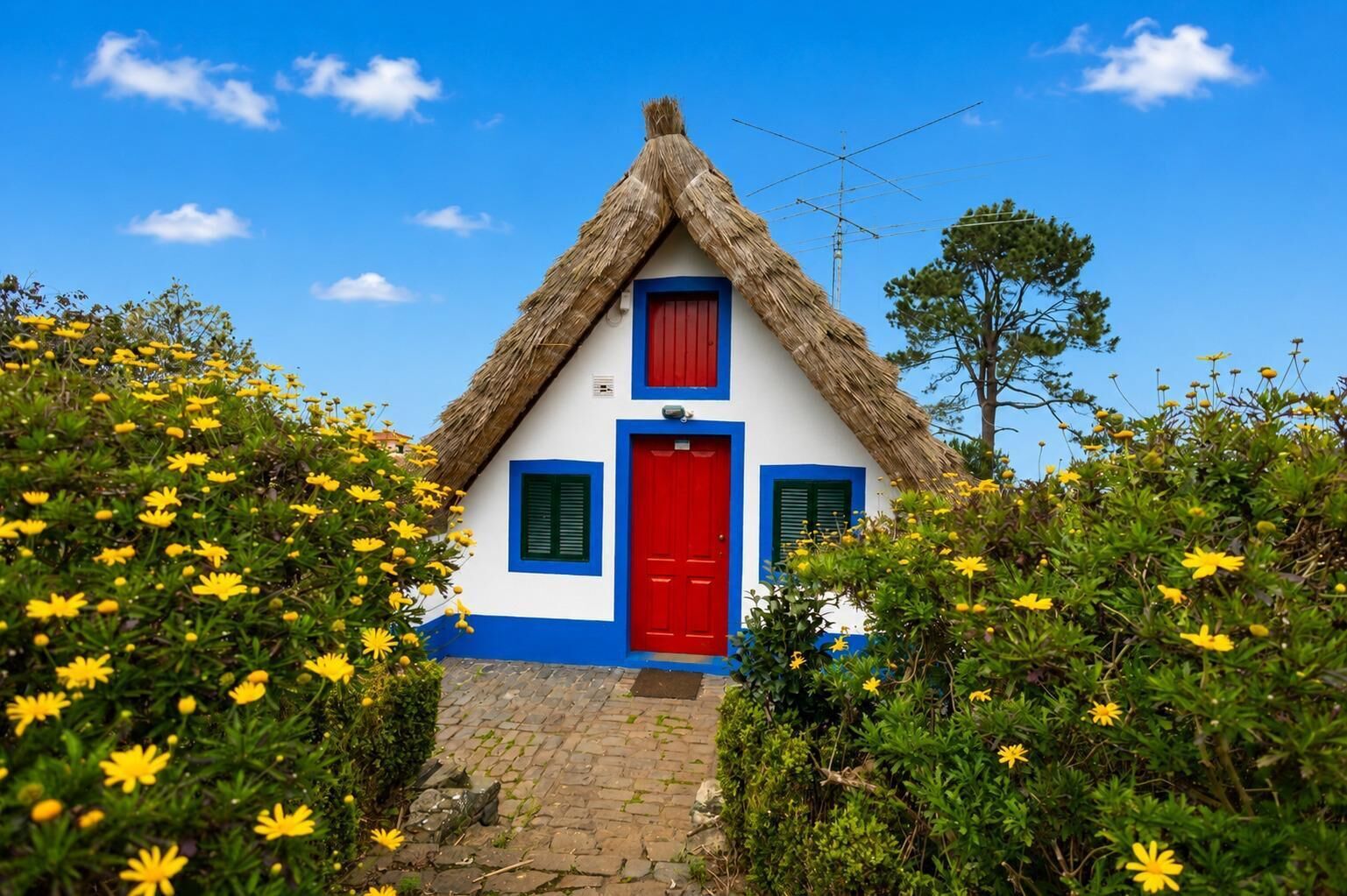 Una casa tradicional con techo de paja, puerta roja y detalles azules.