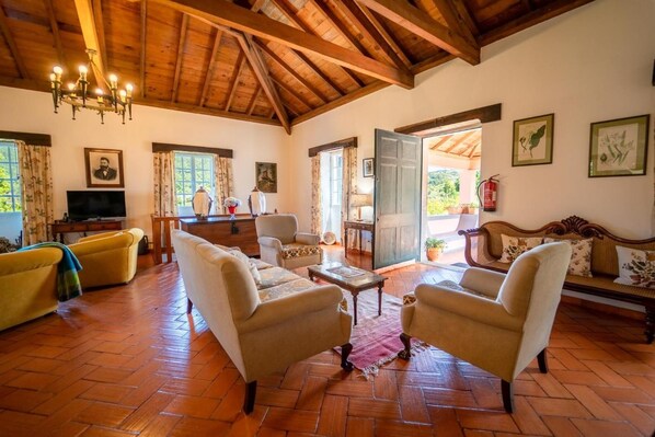 A spacious living room with a high wooden ceiling, a television, and a fireplace. - Casa da Tia Clementina (Santana)