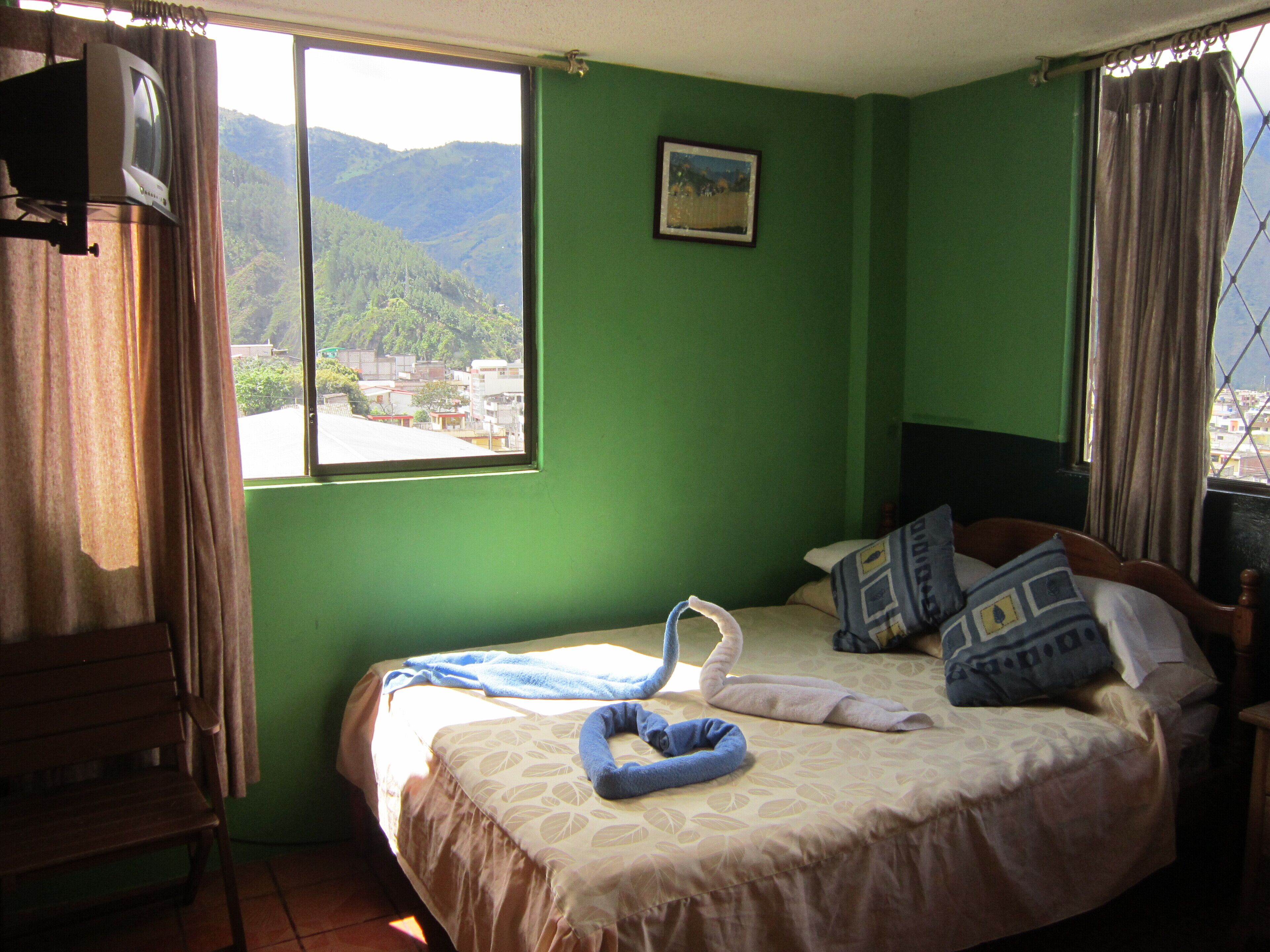 A room with a bed, a window with a view of mountains, and a television on a stand.