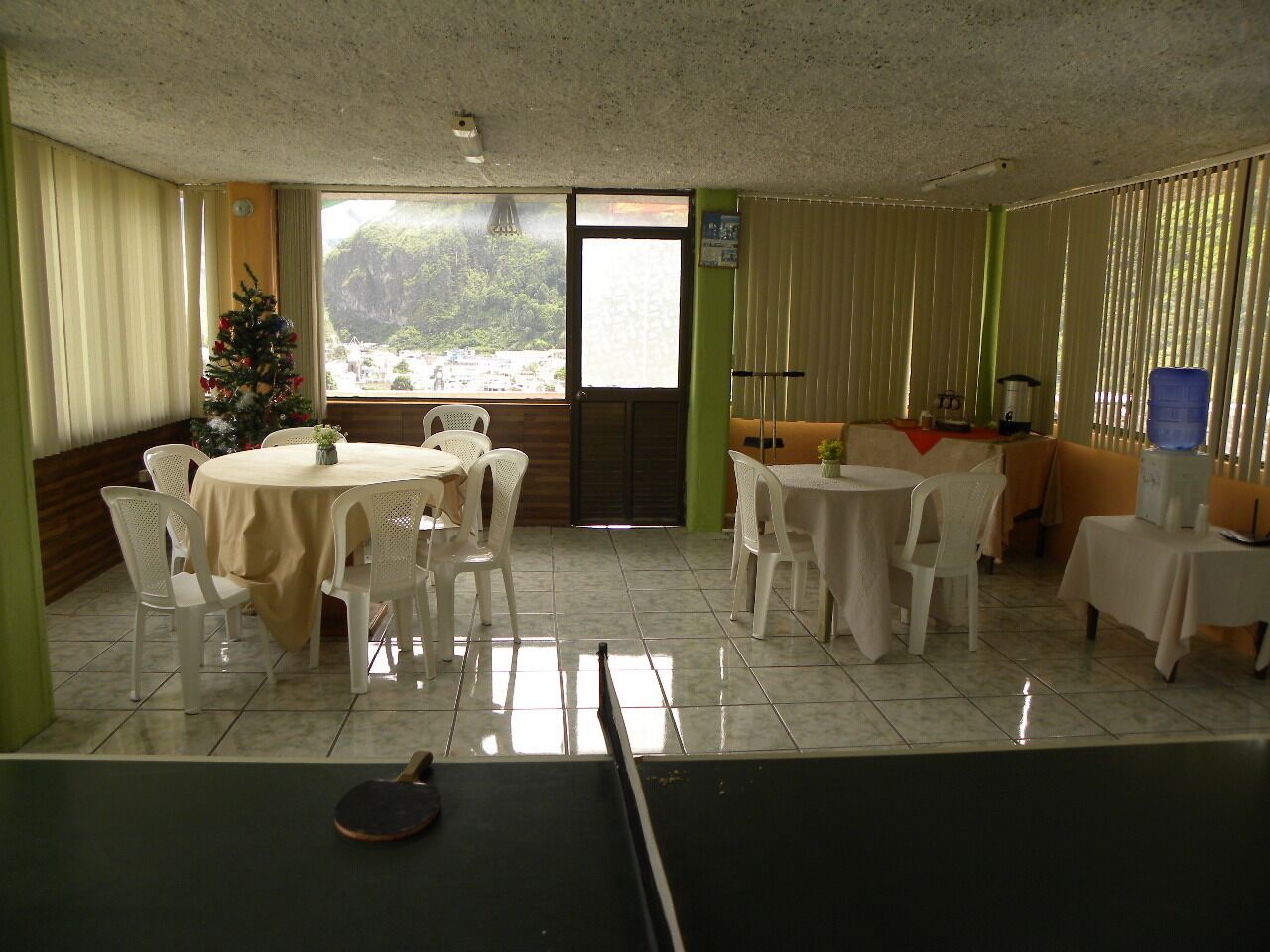 A dining area with round tables and white chairs, a Christmas tree, and a view of a mountainous landscape through the window.