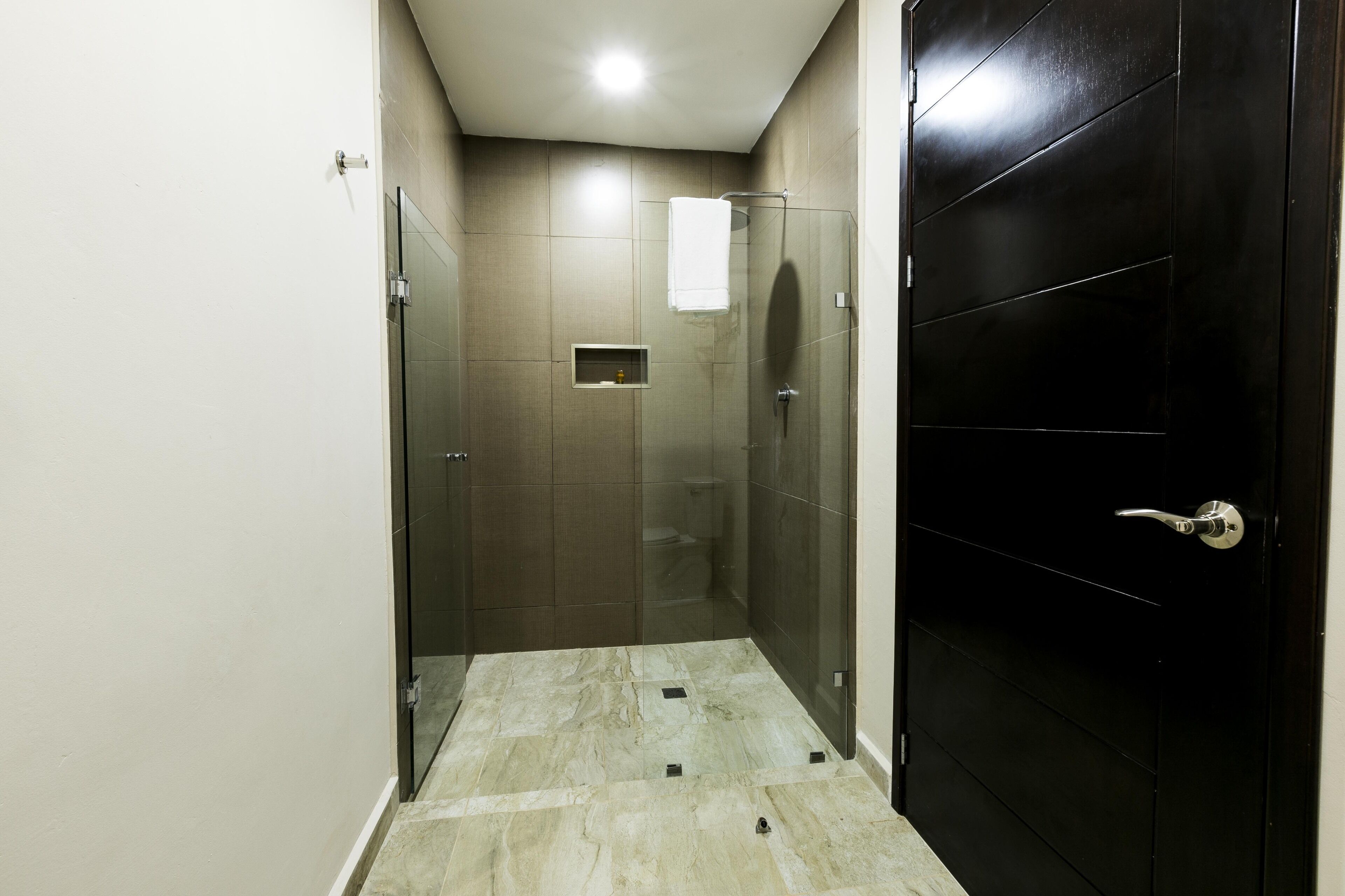 A modern bathroom with a glass shower enclosure, a black door, and a small shelf with a bottle.