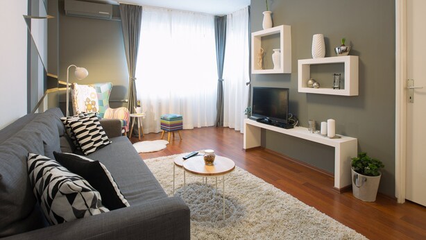 A modern living room with a grey sofa, a coffee table, and a TV on a white stand. There are shelves with decorative items and a potted plant. - Rupa pod oblacima (Zagreb)