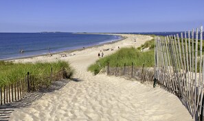 Een zandstrand met een houten omheining en een helder uitzicht op de oceaan.