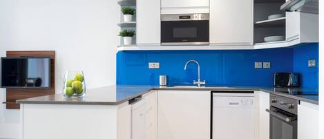 A modern kitchen with white cabinets, a blue backsplash, a built-in oven, and a dishwasher.