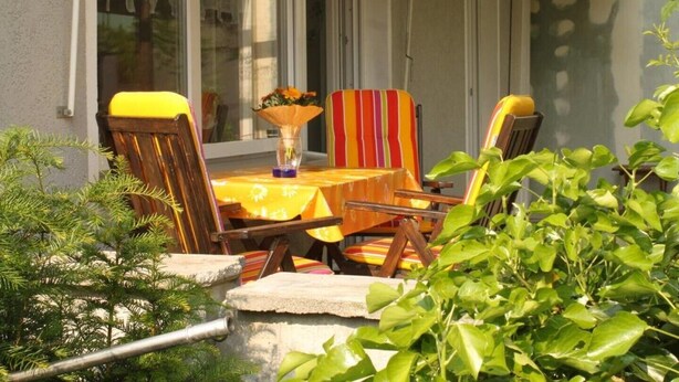 Un patio al aire libre con una mesa, sillas, una planta en maceta y una ventana con persianas.