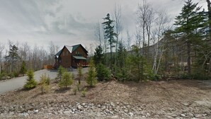 Een houten chalet met twee verdiepingen en een groen dak, omgeven door bebossing en een grindpad.