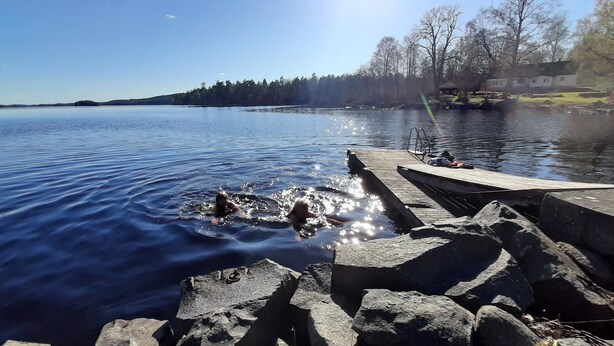 A calm lake with a wooden dock extending into the water, surrounded by rocks and trees.