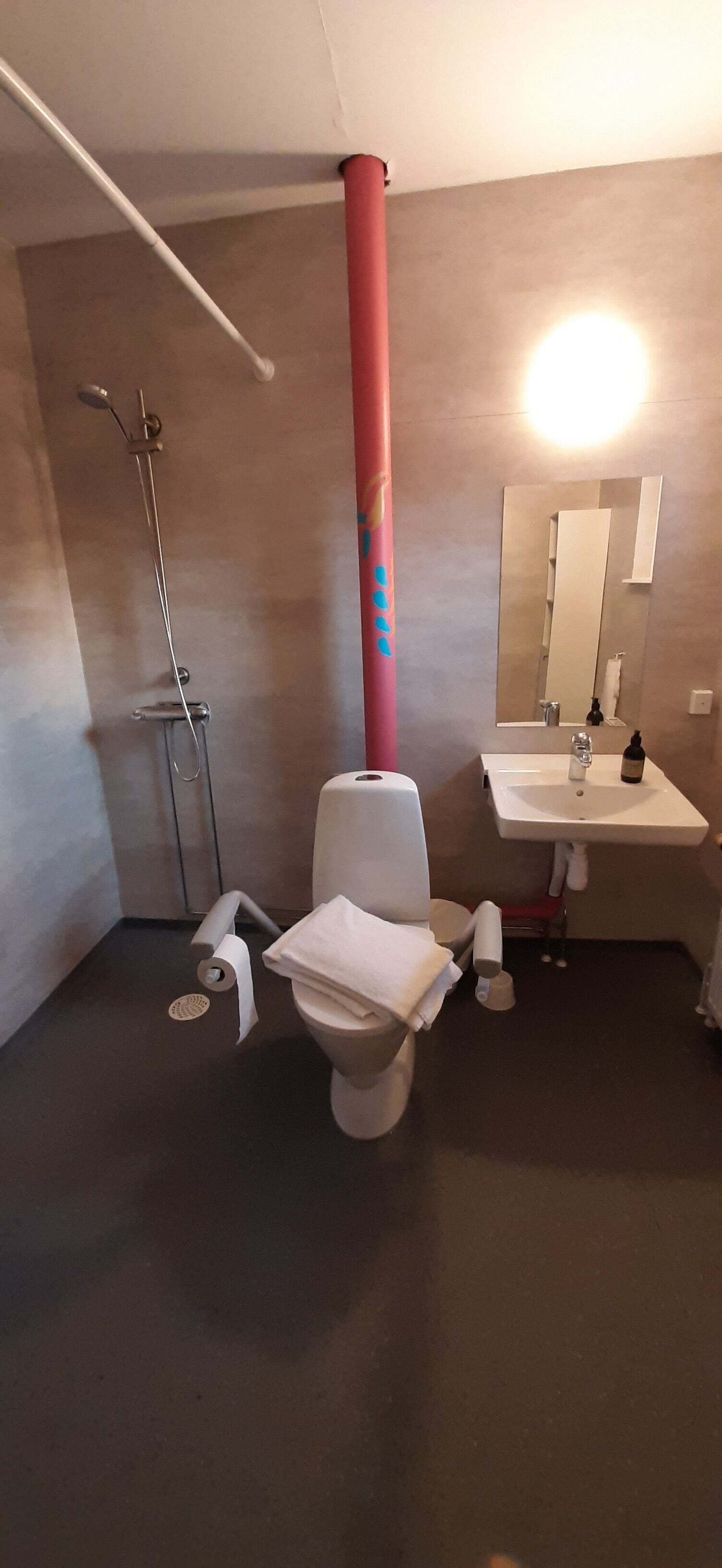 twin room (accessible) | bathroom | shower, free toiletries, hair dryer, towels