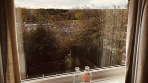 Ein Fenster mit zwei leeren Flaschen auf dem Sims, Blick auf Bäume und Gebäude sowie ein bewölkter Himmel.