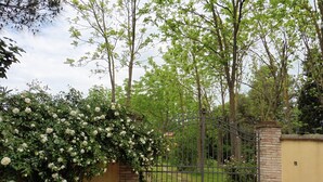 Una entrada con reja, delimitada por un muro de ladrillo y un portón metálico, rodeada de abundante vegetación y arbustos florecientes de color blanco.