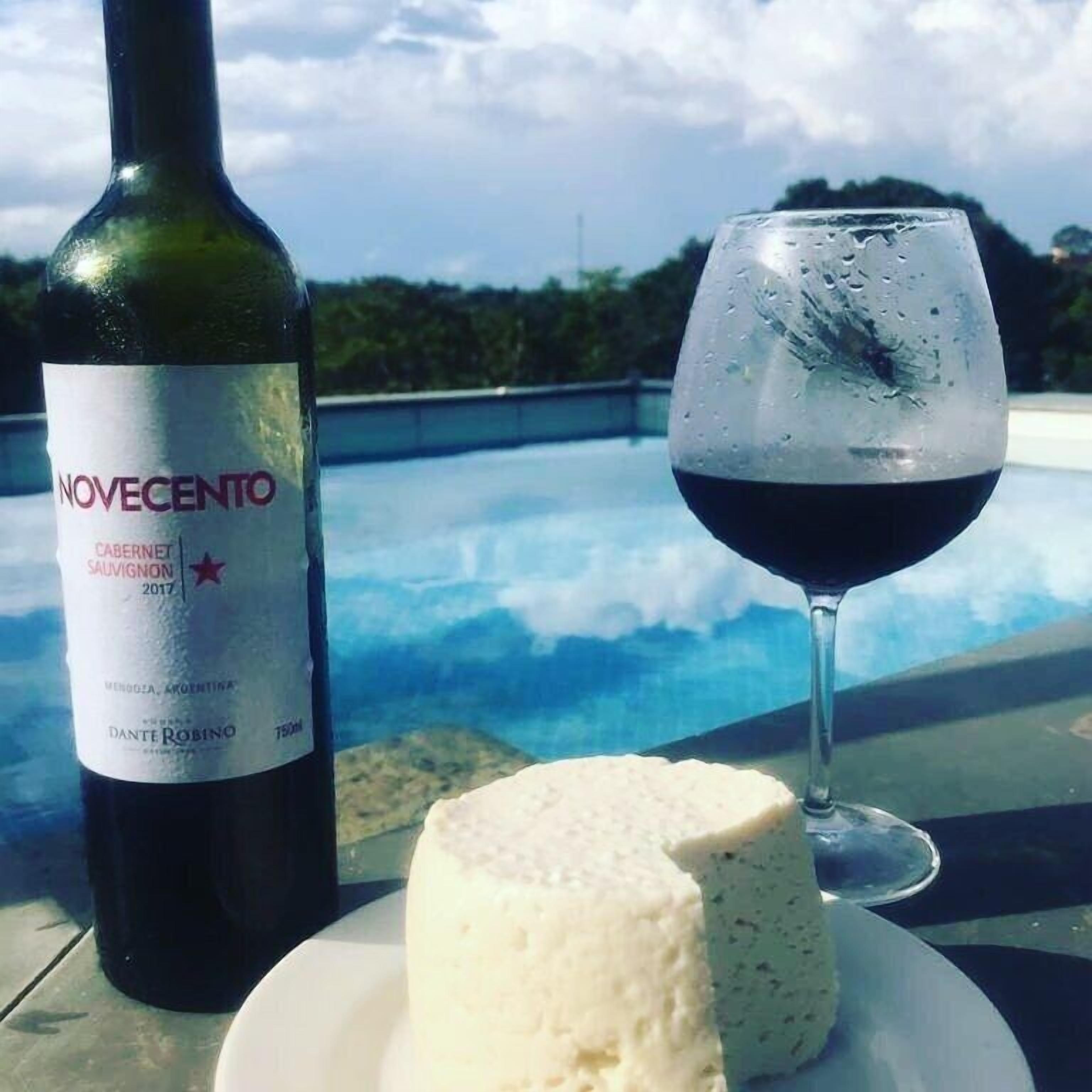 A bottle of Novecento Cabernet Sauvignon 2017 and a glass of red wine on a table with a pool in the background.