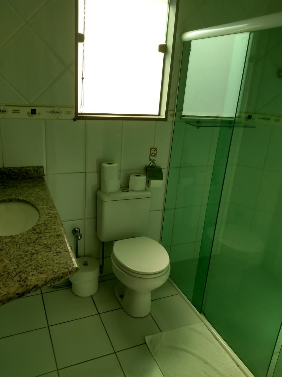 A bathroom with a toilet, sink, and shower.