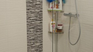 A glass-enclosed shower area with a metal shelf holding toiletries and a handheld showerhead.