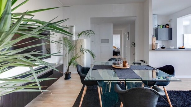 A modern dining area with a glass table, black chairs, and a potted plant. - SUPER SEA VIEW PENTHOUSE (Rimini)