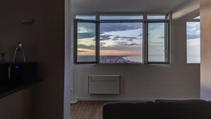 A modern living room with a large window offering a city view, a built-in air conditioner, and a dark-colored sofa. - SUPER SEA VIEW PENTHOUSE (Rimini)
