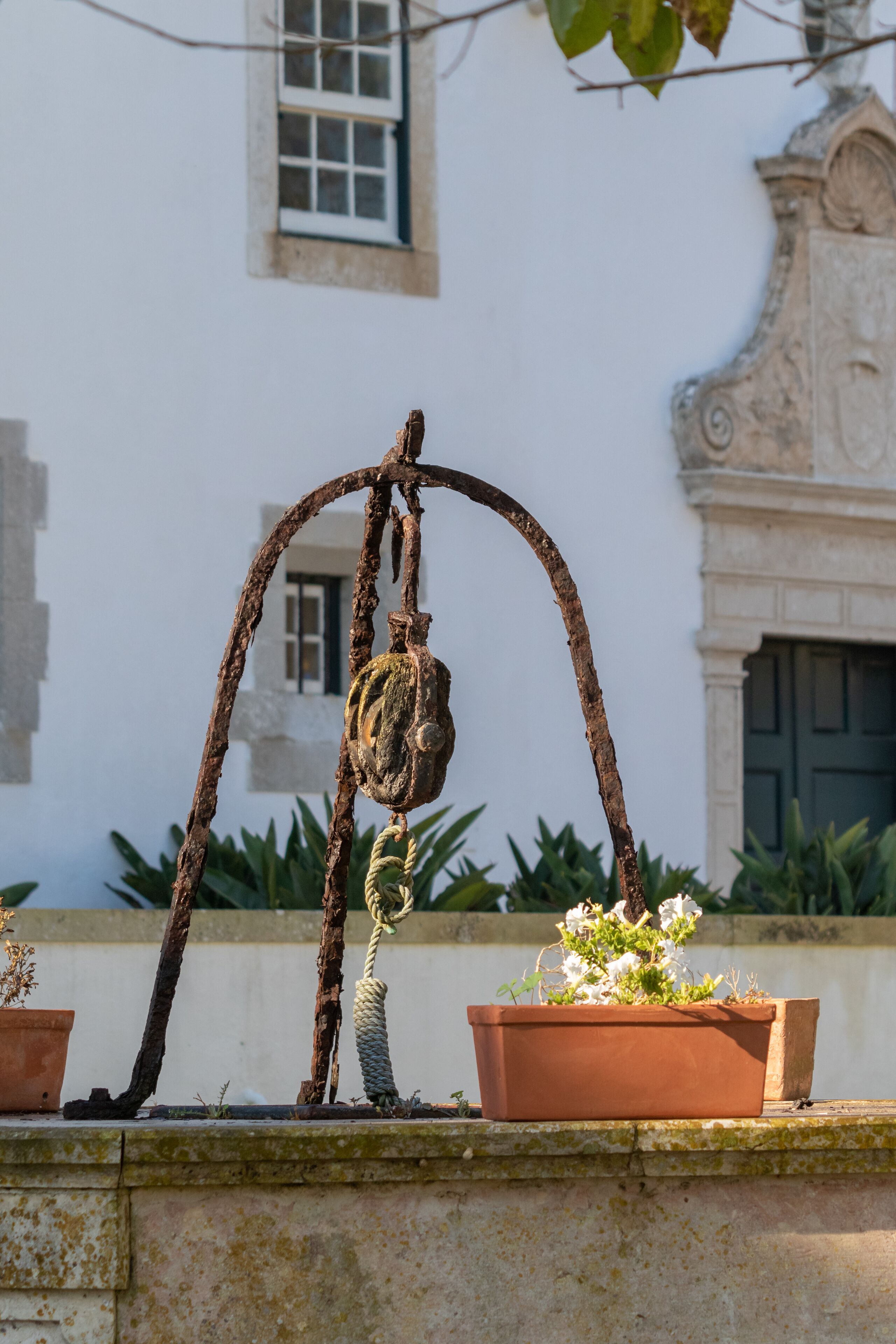 Un entorno rústico al aire libre con un muro de piedra, una estructura de metal y plantas en macetas.