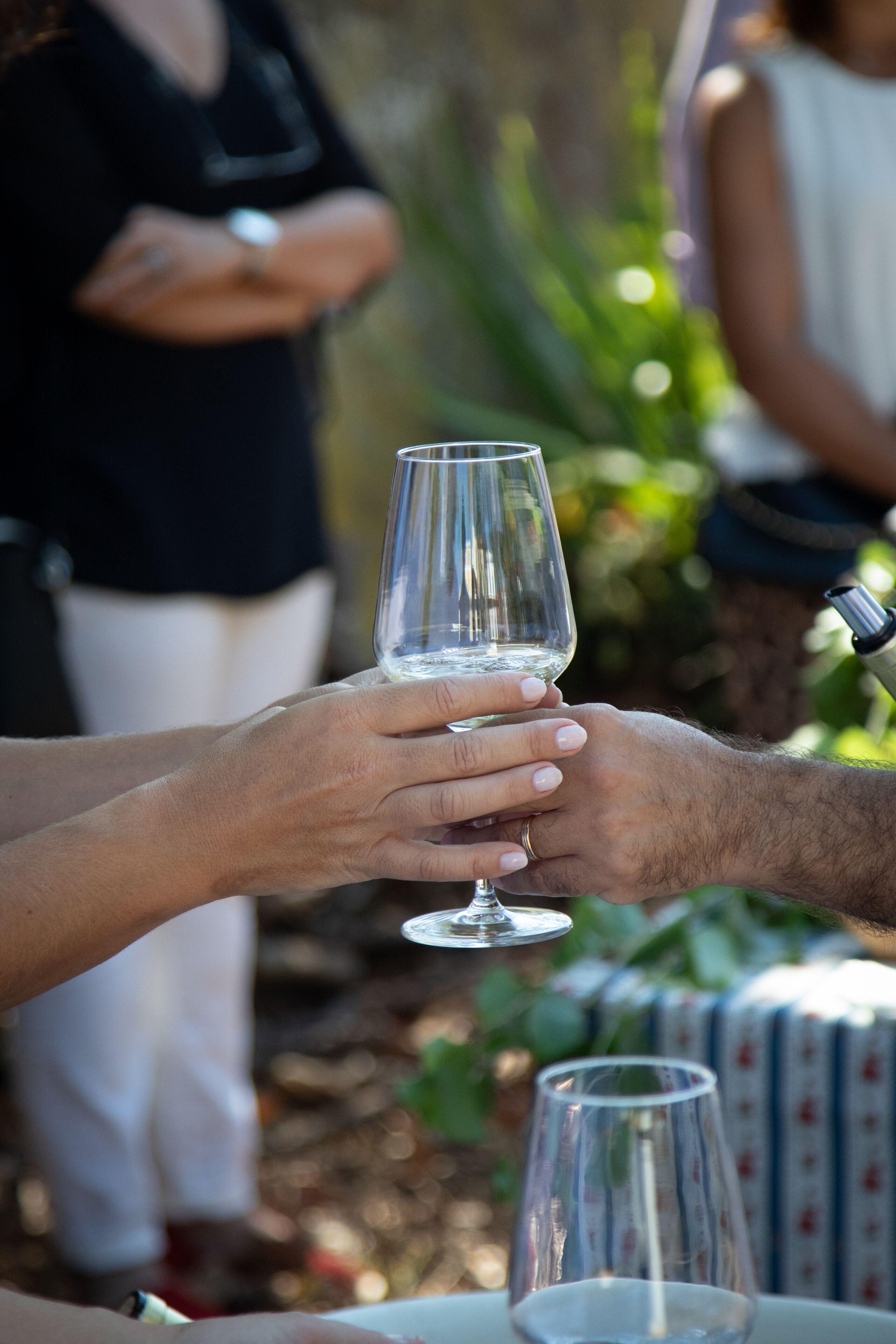 Una persona sosteniendo una copa de vino.