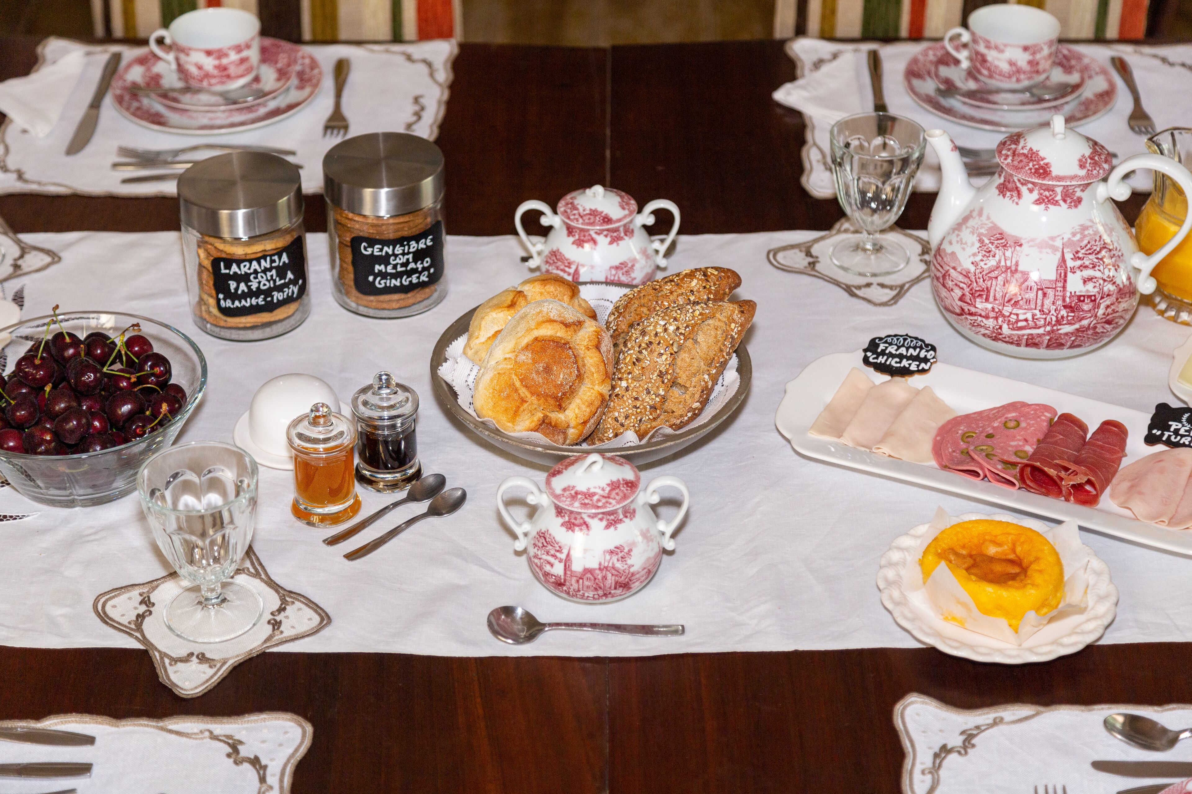 A breakfast table set with various food items, including pastries, a bowl of cherries, and a teapot.