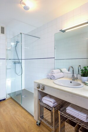 Regadera, secadora de cabello, bidet, toallas