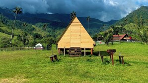 Een houten constructie met een puntig dak, omgeven door weelderige groene velden en palmbomen, met bergen op de achtergrond.