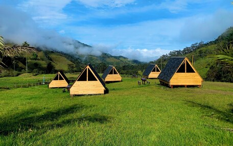 A row of wooden cabins in a grassy field with a mountainous backdrop.