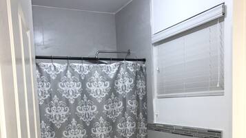 Shower, hair dryer, soap, toilet paper