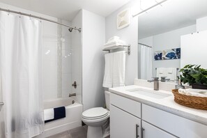 Hair dryer, towels, soap, shampoo