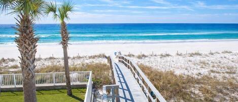 On the beach, sun loungers