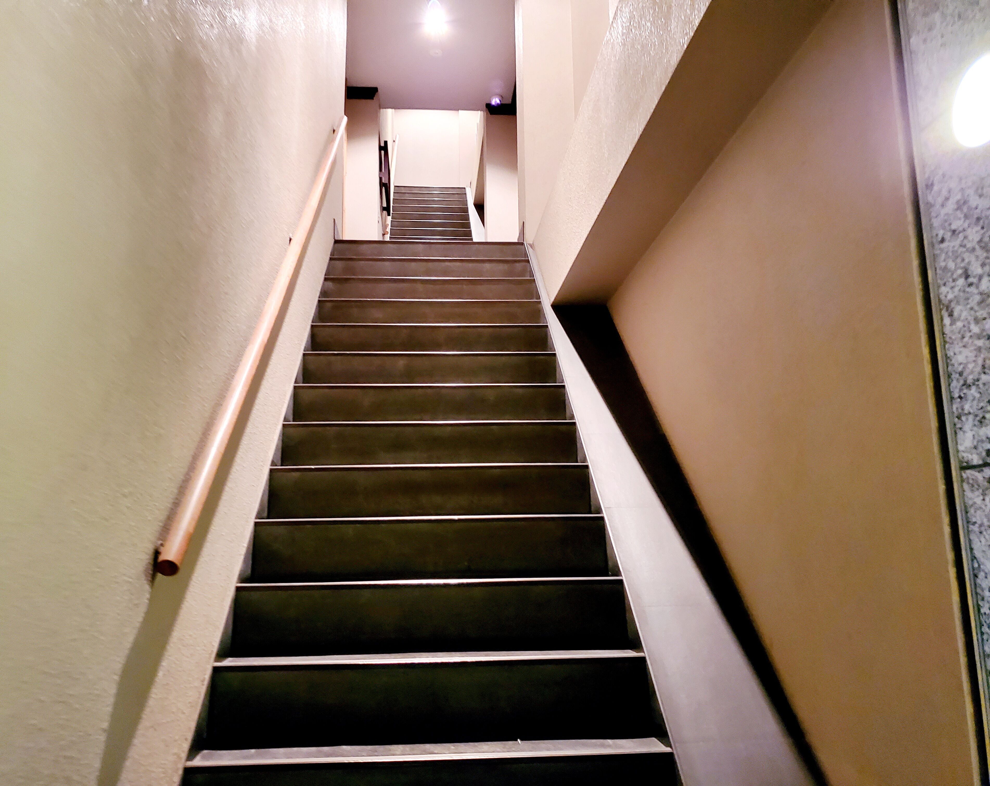 Una escalera con barandilla que conduce a un rellano con una lámpara.