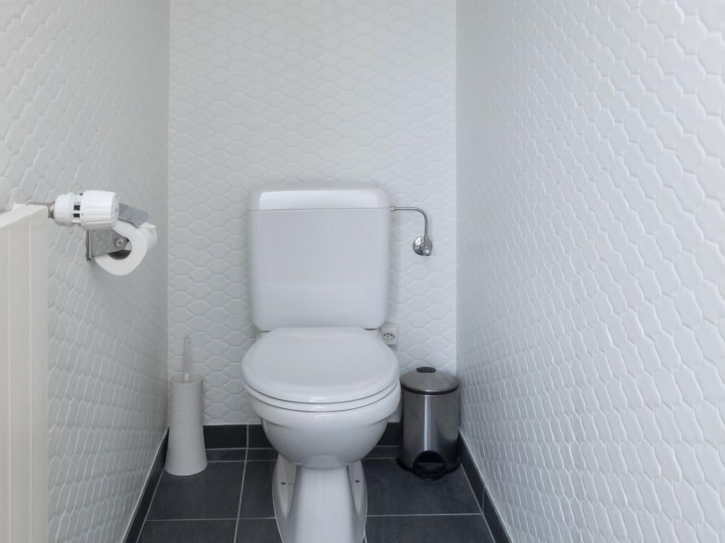A small, modern bathroom with a white toilet, a toilet paper holder, and a trash can.