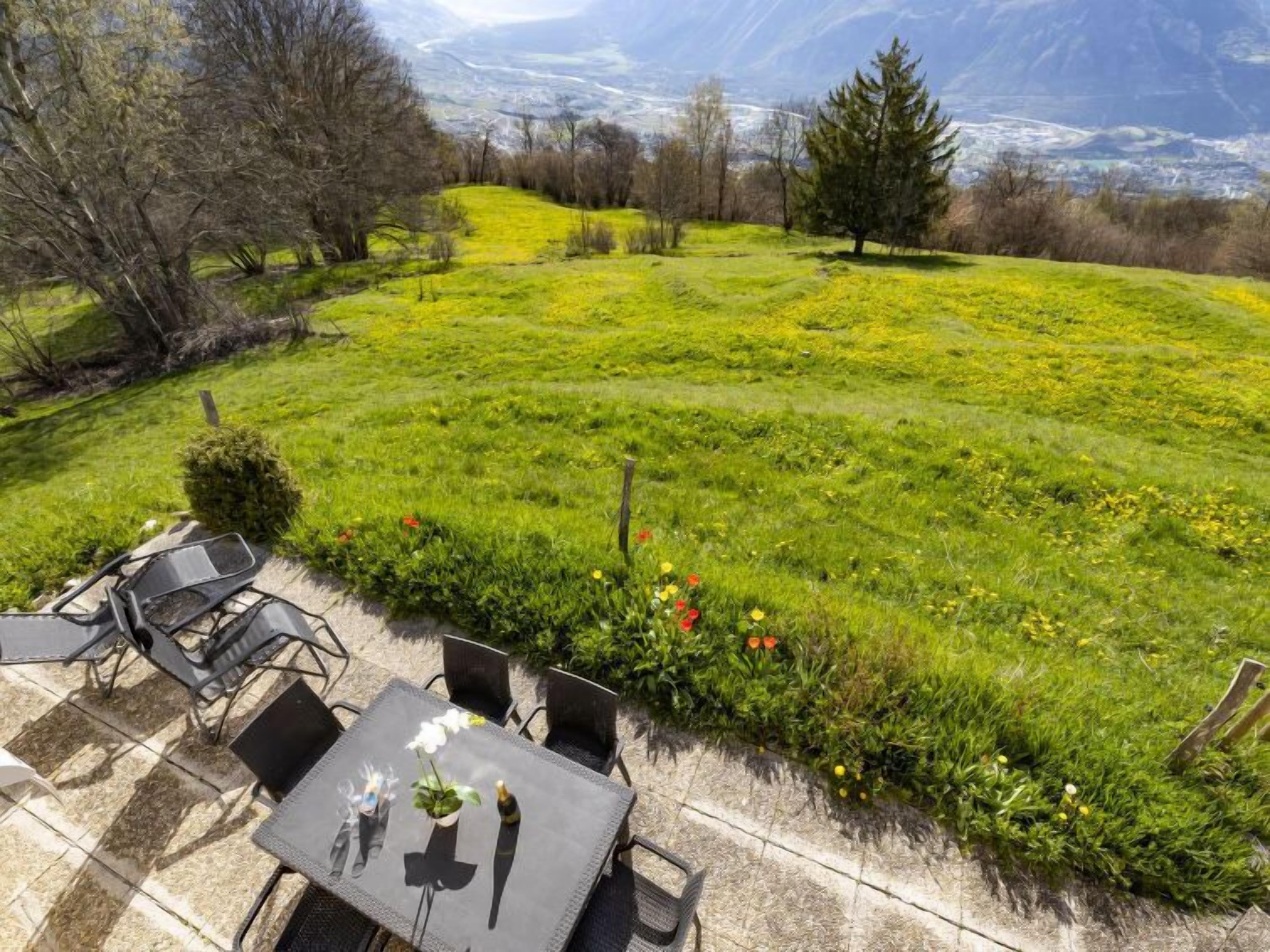 An outdoor patio with a table and chairs, surrounded by a lush green field and a mountain view.