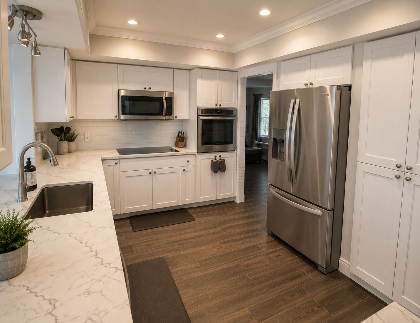 A modern kitchen with white cabinets, stainless steel appliances, a marble countertop, and a wooden floor.
