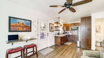 Fridge, microwave, coffee/tea maker, toaster