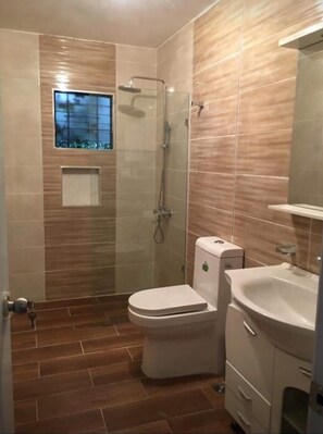 Shower, hair dryer, towels, soap