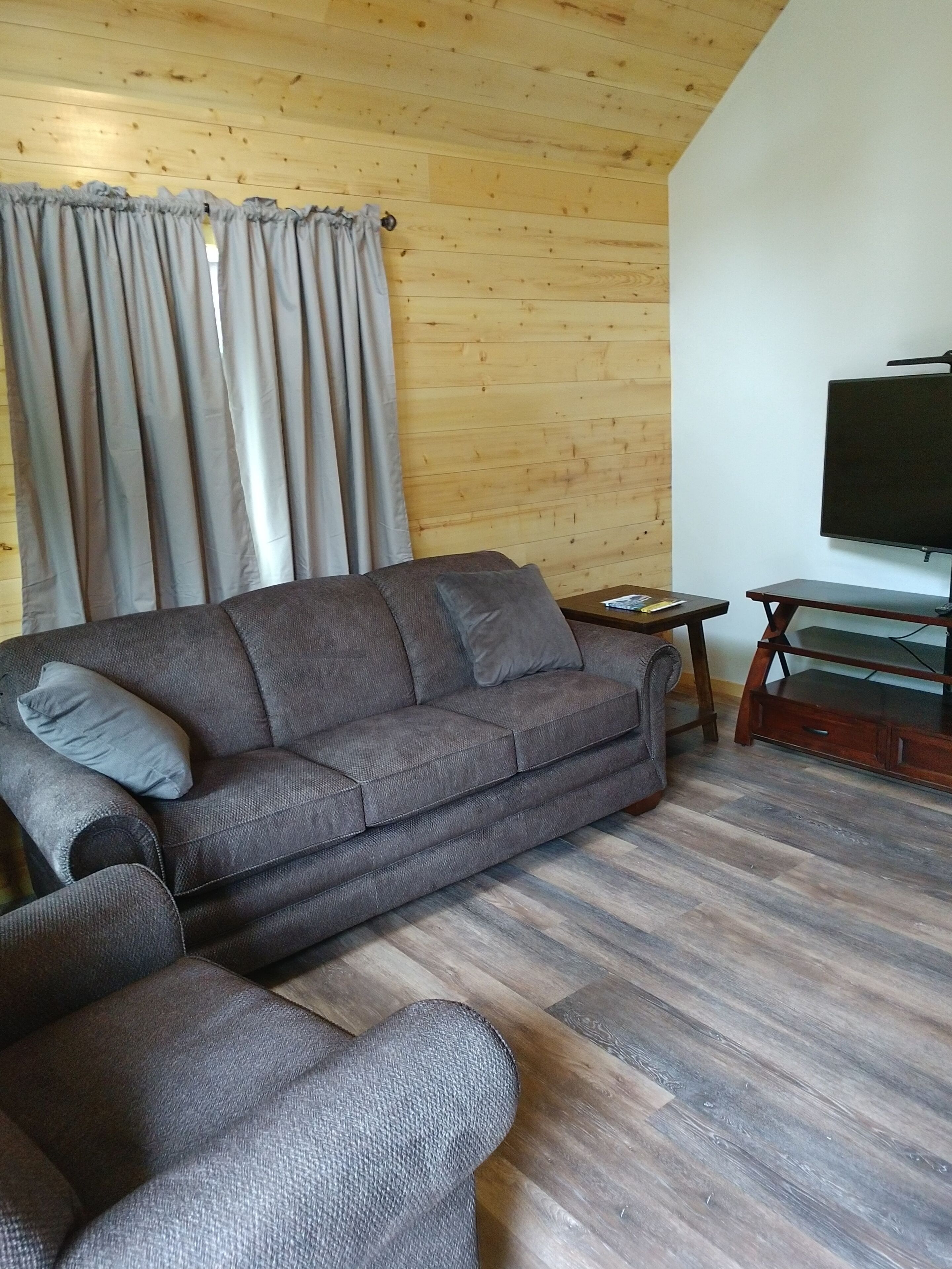 A living room with a grey sofa, wooden flooring, a flat-screen TV, and a wooden wall.