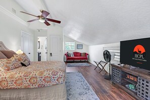 Across the hall from bedroom 1 is bedroom 2 which is the master bedroom of the home. - Mi Rancho- 2 bed/2 bath-Hot tub, Fire pit, and Pinball machine! (Wimberley)