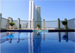 Outdoor pool, open 7:00 AM to 8:30 PM, sun loungers