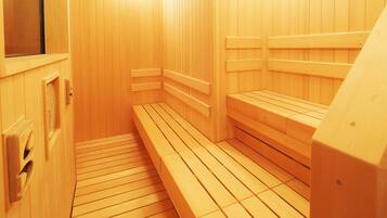 A sauna with wooden benches and a tiled floor.