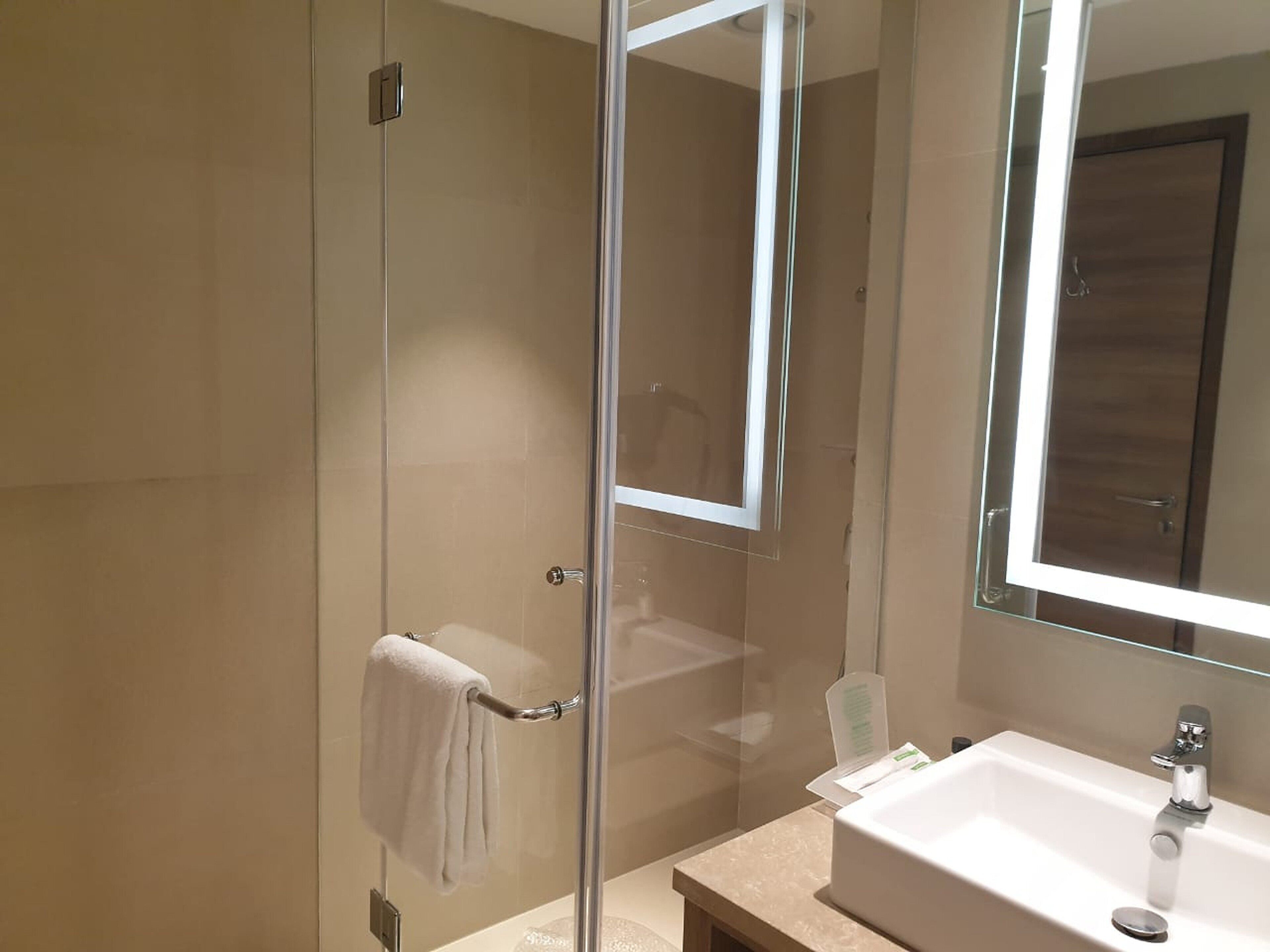 A modern bathroom with a glass shower enclosure, a white sink, and a large mirror.
