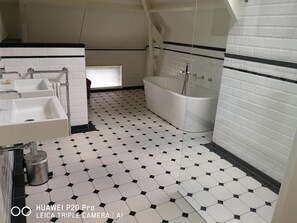 Bathtub, hair dryer, bidet, towels