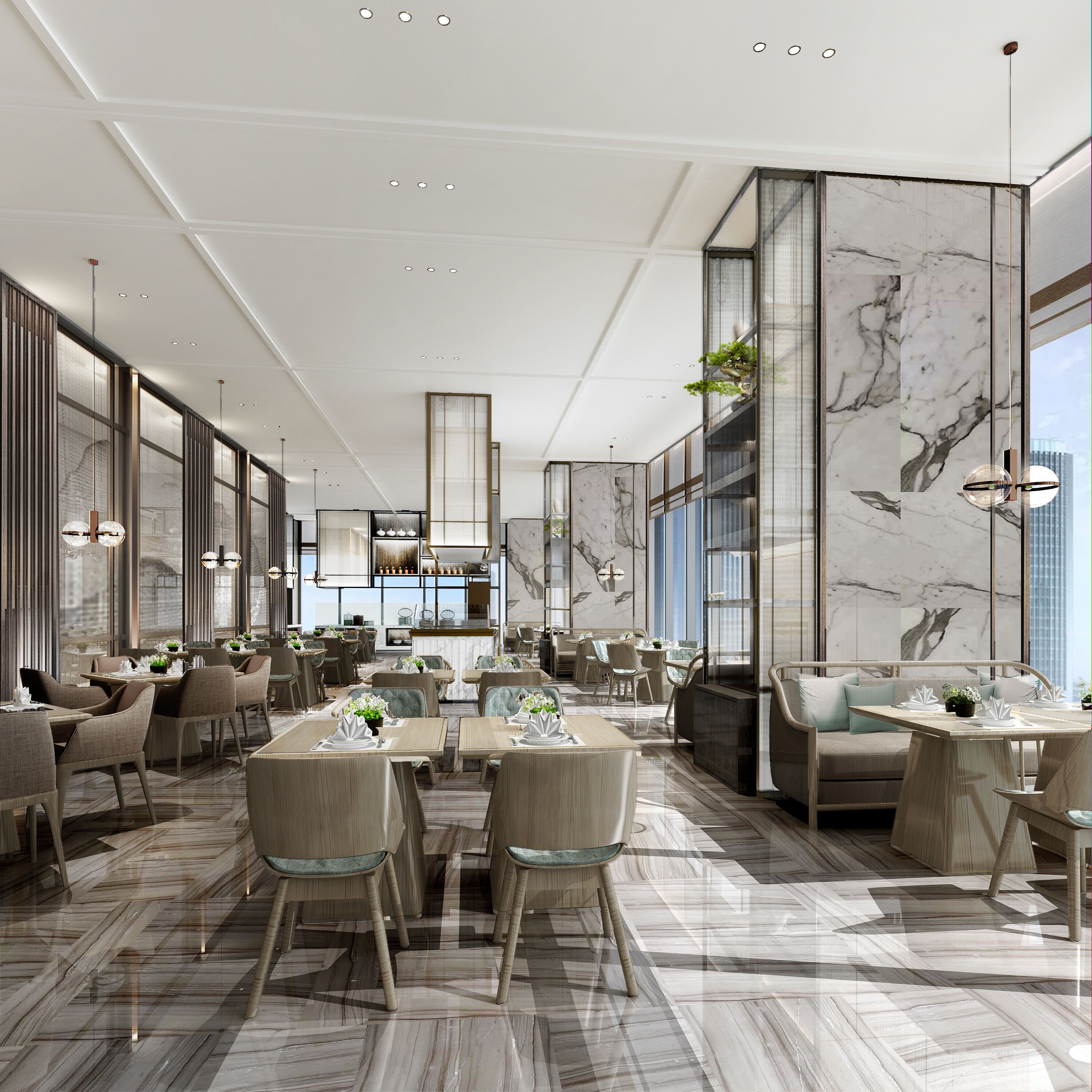 A modern dining area with marble floors, high ceilings, and large windows.