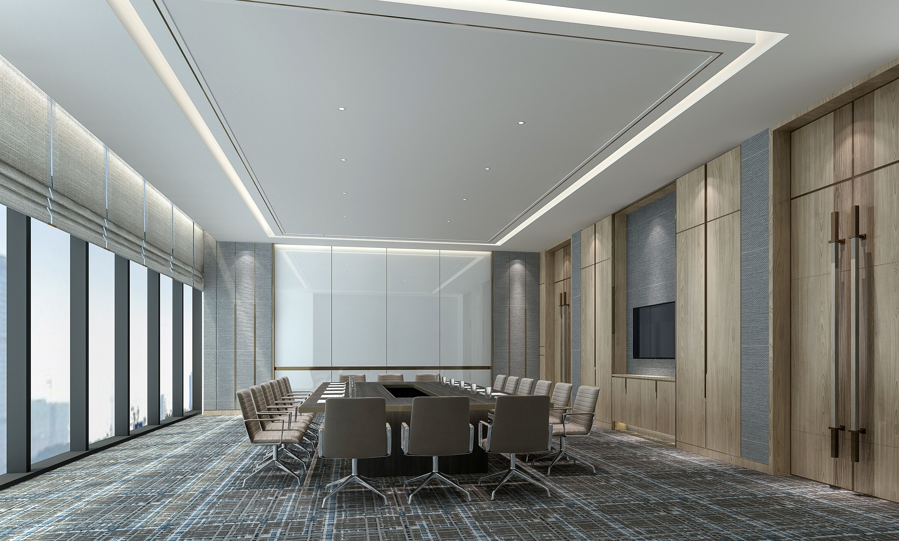 A modern conference room with a long table, chairs, and a large window.