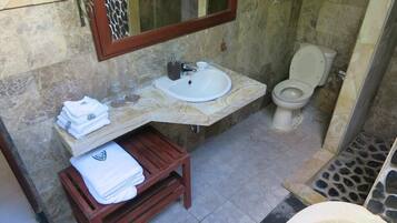 Hair dryer, towels, soap, shampoo