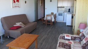 A compact living space with a sofa, a wooden table, a kitchenette, and a dining area.